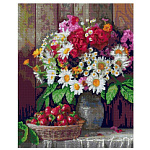 Картина алмазная " Lori " 40*50см Цветы с клубникой, полное заполнение, основа с цветной схемой, комплект квадратных страз, стилус, лоток для страз, сухой клей