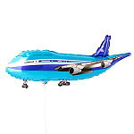 Шар фольгированный фигурный 17"/43см Самолет синий, крепится с помощью розетки на палочку (в комплект не входят)