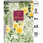Блокнот А5 спираль 80л " Эксмо " La Fleur. Bloom, клетка, обложка - матовый ламинированный картон, тиснение фольгой, белый офсет 70г/м2