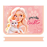 Папка " Пчелка " МАЛЫЙ ФОРМАТ А5-04 (230*180*25мм) молния вокруг Девушка с котиком, печать на пластике