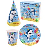 Набор для праздника " Миленд " Акула, состав набора: тарелки 6шт, стаканы 6шт, колпаки 6шт