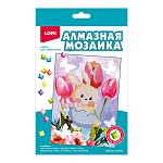 Картина алмазная " Lori " 15*20см детская Зайчик в цветах, частичное заполнение, основа с цветной схемой, комплект квадратных страз, стилус, лоток для страз, сухой клей, подставка