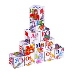 Кубики " Задира " пластиковые Азбука Герои русских сказок, 12шт 4*4*4см, картонная упаковка 16,5*12,2*4см