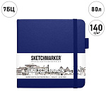 Блокнот для зарисовок " Sketchmarker " 12*12см 7БЦ на резинке 80л Синий, обложка - ПВХ, плотность 140г/м2, блок- слоновая кость, сшивка, ляссе, держатель для ручки