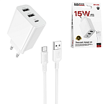 Зарядное устройство сетевое " Borofone " ВА105А Stellar белое, 3,0А, 15Вт, 2 USB, Type-C, пластик, кабель Type-C, 1м