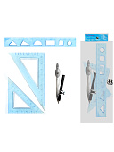 Набор чертежный с циркулем МАЛЫЙ 6 предметов: циркуль металлический 12,5см " козья ножка ", линейка 15см, 2 угольника 30°х60°х90°/10см и 45°х45°х90°/8см, пластик голубой, пакет, европодвес, " KWELT "