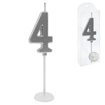 Свеча для торта цифра " KWELT " 4, серебро, 2,5*4*0,5см, на палочке с подставкой, пластиковая упаковка 9,5*3*1см, европодвес