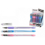 Ручка шариковая " Piano " синяя 0,5мм, толщина письма 0,25мм, цветной резиновый держатель, игольчатый пишущий узел, чернила на масляной основе, металлический наконечник, прозрачный корпус, дисплей