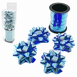 Набор для упаковки подарков: бант звезда 6см 4шт + лента 10м фактурная, синяя, пластиковая упаковка, европодвес