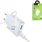 Зарядное устройство сетевое " Hoco " C142A Direct синее, 3А, PD, QC3,0, USB, Type-C, пластик, кабель Type-C, 1м