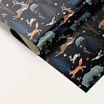 Упаковочная бумага Новогодняя " Миленд " 70*100см 10 листов, Зимняя ночь в лесу, в рулоне, понтон золото, 90г/м2