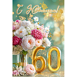 Открытка " Праздник " 445 С Юбилеем! 60 лет, Букет цветов в вазе, 122*182мм, золотые блестки в лаке, текст