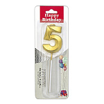 Свеча для торта цифра " KWELT " 5, золотая, 3*5*0,5см, на палочке, картонный блистер 5,7*16,5*1см, европодвес