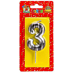 Свеча для торта цифра " Миленд " Шебби шик 3, серебряная, 14*6,5*1см, картонный блистер, европодвес