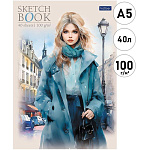 Скетчбук, белая бумага 100 г/м2, А5, 40л, без линовки, склейка, обложка - глянцевая мелованная бумага, жесткая подложка, " Hatber " Незнакомки