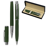 Набор ручек шариковых " Basir " с поворотным механизмом, ручка с колпачком, зеленый корпус с элементами серебра, синяя, комплект - 2шт, подарочная упаковка