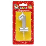 Свеча для торта цифра " Миленд " 1, серебряная, 17,5*7,1*0,9см, картонный блистер, европодвес