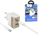 Зарядное устройство сетевое " Hoco " CS71A Star speed, белое/золотое, 3,0А, QC3.0, FCP, AFC, 20Вт, USB, Type-C, пластик, кабель Type-C, 1м