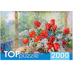 Пазлы " TOPpuzzle " 2000элементов Русская коллекция. О.Дандорф. Тюльпаны с черёмухой 92*68см, картонная упаковка 24*35,9*5см