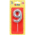 Свеча для торта цифра " Миленд " 9, серебряная, 14*6,5*1см, картонный блистер, европодвес