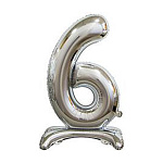 Шар фольгированный 30"/76см Цифра-6 серебро на подставке