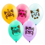 Набор шаров латексных 14" 36см Котики, 5 цветов, 5 дизайнов, комплект 5шт