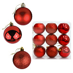 Набор шаров " KWELT " d=5см 9шт, красные (глянцевые, матовые, с глиттером), пластиковая упаковка 17,5*17,5*6см