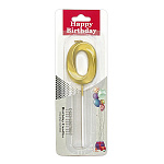 Свеча для торта цифра " KWELT " 0, золотая, 3*5*0,5см, на палочке, картонный блистер 5,7*16,5*1см, европодвес