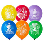 Шар латексный шелкография 12"/30см С Днем рождения! Зверюшки ассорти из 6 цветов, 5 дизайнов