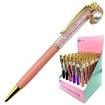 Ручка шариковая автоматическая " Basir " Котенок синяя, 0,7мм, поворотный механизм, подвеска с жемчугом, комбинированный корпус: цветной (ассорти), прозрачная часть корпуса с наполнителем-цветные стразы, дисплей