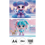 Альбом А4 24л " Проф-Пресс " Девочки и зверята- 1, на скобе, обложка- мелованный картон, блок- офсет 100г/м2, лен, 2 дизайна в спайке