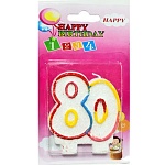 Свеча для торта цифра " KWELT " 80, разноцветная, 7,5*5,5*1см, с блестками, картонный блистер 15*9*1см, европодвес