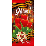 Открытка " Мир поздравлений " 410 Евро 9 Мая- Орден,тюльпаны, георгиевская лента, салют, 98*204мм, картон, с текстом