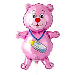 Шар фольгированный фигурный 14"/36см Медвежонок девочка, крепится с помощью розетки на палочку (в комплект не входят)