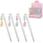 Ручка шариковая " Basir " Зайчики, синяя, 0,5мм, толщина письма 0,25мм, прозрачный пластиковый корпус, съемный брелок на цепочке- бусинки с фигуркой