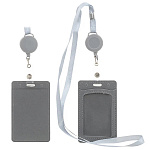 Бейдж " Basir " 105*65мм с рулеткой-ретрактором с вытяжной нитью, кожзам, вертикальный, 2 кармана, серый