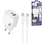 Зарядное устройство сетевое " Hoco " CS54A Surplus, белое, 3,0А, QC3.0, PD, 20Вт, USB, Type-C, пластик, кабель Type-C, 1м