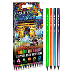 Карандаши цв дерево Triolino Ultra. Neon-metallic 12цв " deVente " 3М, 4М трехгранные, (4 неон + 8 металлик), для рисования на черной бумаге, деревянные, черное дерево, картонная упаковка, европодвес