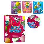 Пакет бумажный " KWELT " 26*32*10см Happy birthday, ассорти (без возможности выбора дизайна), ламинированный, тиснение фольгой