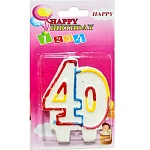 Свеча для торта цифра " KWELT " 40, разноцветная, 7,5*5,5*1см, с блестками, картонный блистер 15*9*1см, европодвес