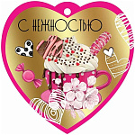 Бирка для букетов и подарков " Праздник " 065 Сердечко С нежностью, Конфеты, цветы, кофе, 96*96мм, фольга золотая