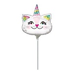 Шар фольгированный фигурный  09"/23см Кошка-Единорог, крепится с помощью розетки на палочку