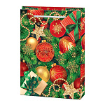 Пакет Новогодний бумажный " Мир открыток " 13,5*18*6см Новогодние шары, еловые ветки, бусы, подарки, снежинки, ламинированный