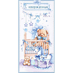 Конверт для денег " Праздник " 410 С новорожденным, Мишка с бантом, детская кроватка, игрушки