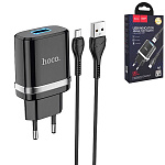 Зарядное устройство сетевое " Hoco " N1 Ardent черное, 2,4А, QC, USB, пластик, кабель micro USB, 1м