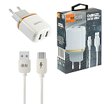 Зарядное устройство сетевое " FaisON " C-23 Magik белое, 2,1А, 2 USB, пластик, кабель Type-C, 1м