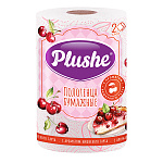 Полотенца бумажные 2-сл " Plushe " 1 рулон со втулкой, 120л, 30м, белые с розовым тиснением, 100% целлюлоза, 13*20см, с перфорацией, h=22см, d=13см, с принтом, с ароматом вишневого тарта