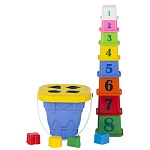 Песочный набор " Совтехстром " Башня, 14 предметов, в наборе: башня, крышка с отверстиями различной формы, 4 логические фигуры, пирамида "Башня" с цифрами 8 фигур, в сетке