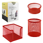 Набор аксессуаров настольных " KWELT " 3шт, металлических, сетчатых, красных, в наборе: стакан 8*9,5см, бокс для бумаг 10*10*8см, подставка для мелочей 8*3,5см, картонная упаковка