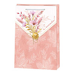Пакет бумажный " Мир открыток " 18*22,7*10см Розовые цветы и золотой штамп, ламинированный